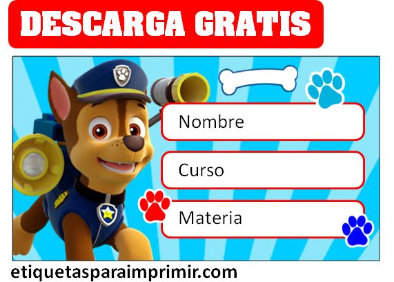 etiquetas escolares paw patrol para editar gratis